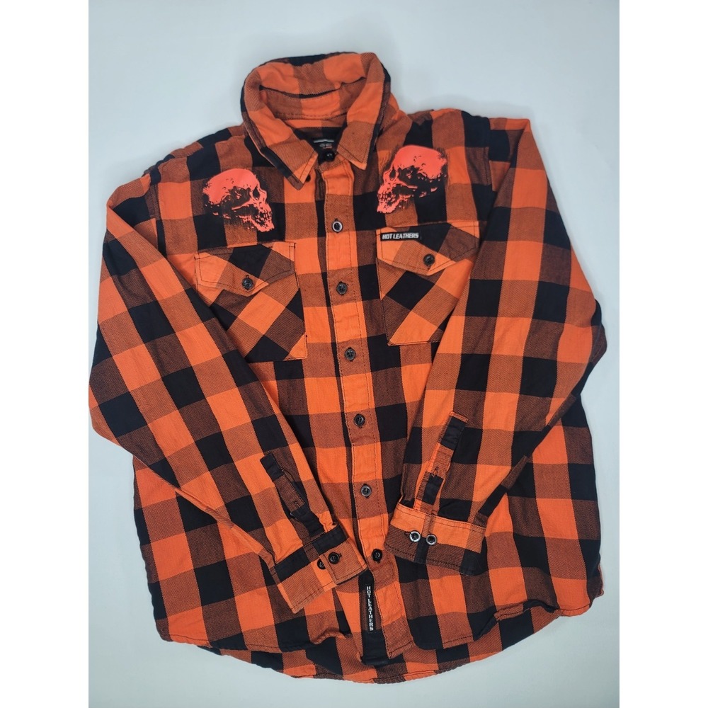 Hot Leathers Skull Buffalo Plaid Flannel Shirt Orange Black Biker Goth XL